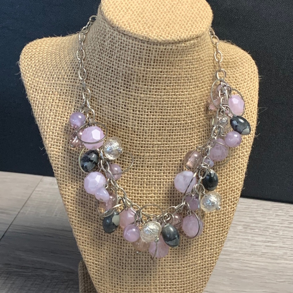 New York & Company Lavender Grey Beaded Cluster Statement Necklace Silver Tone
